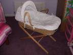 MOSES BASKET,  stand,  mattress,  3 fitted sheets,  3 flat....